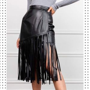 FRINGE BLACK VEGAN LEATHER MIDI SKIRT (26 waist)